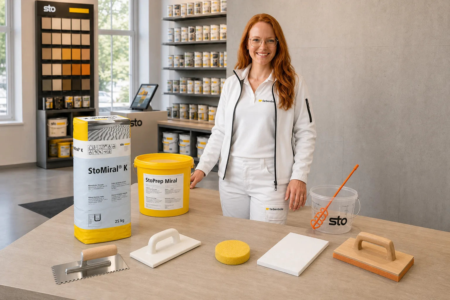 Charleen mit StoMiral K Eimer und Werkzeug im Farbenbote-Showroom
