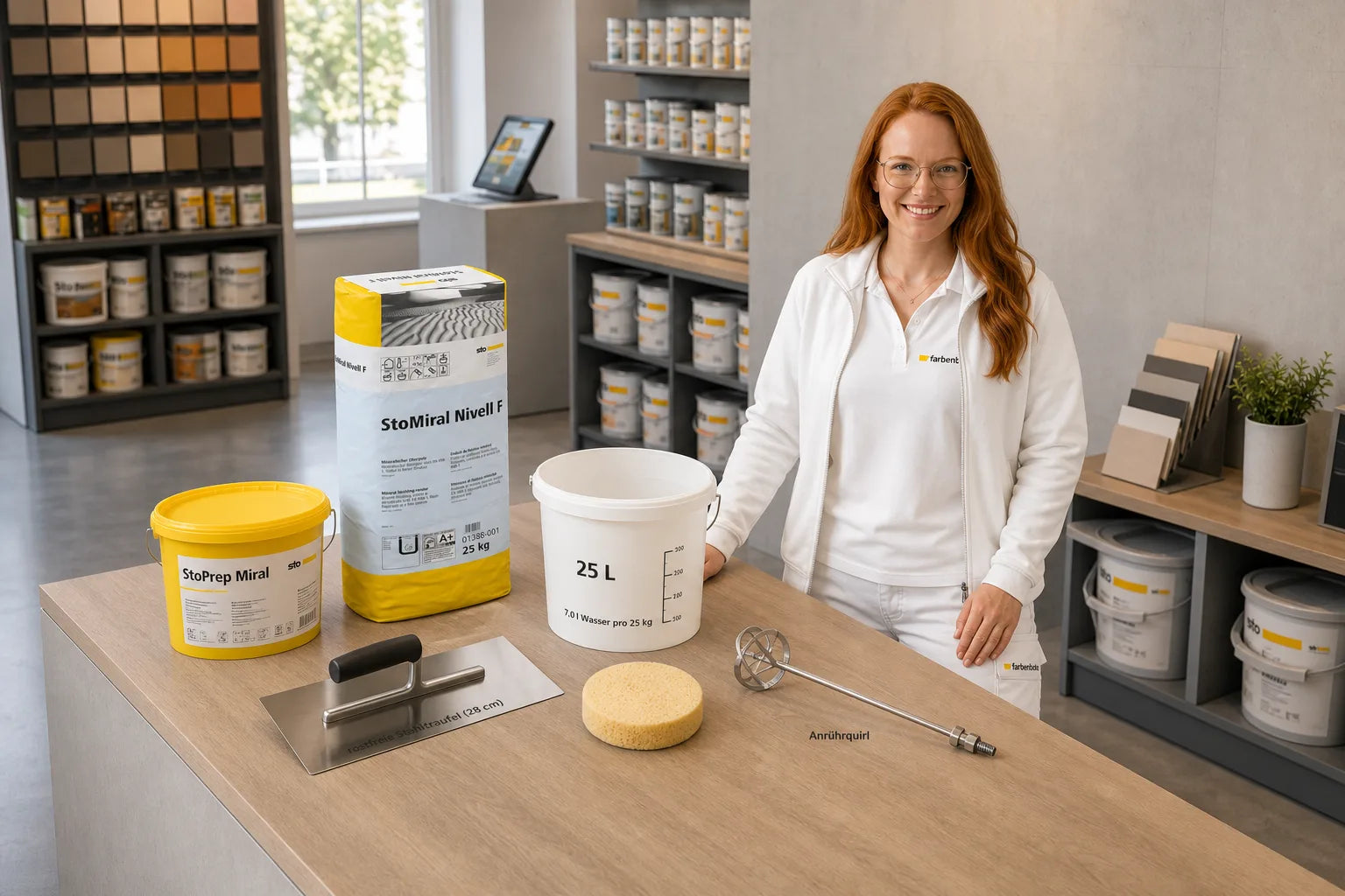 Charleen mit StoMiral Nivell F Eimer und Werkzeug im Farbenbote-Showroom