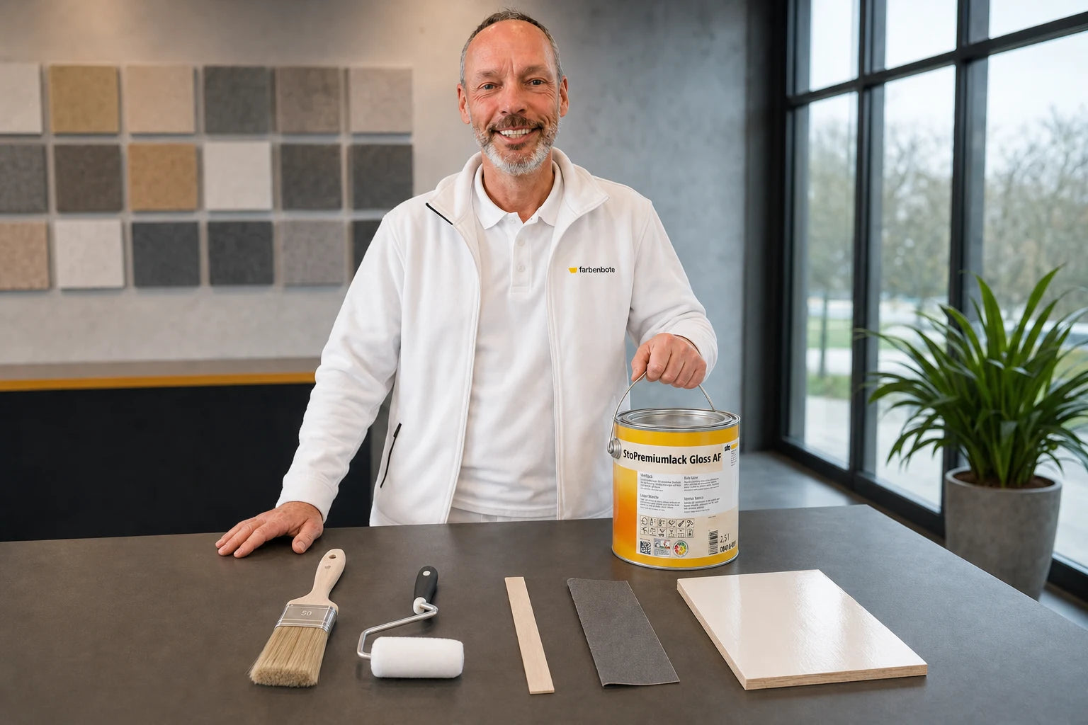 Charleen mit StoPremiumlack Gloss AF Eimer und Werkzeug im Farbenbote-Showroom