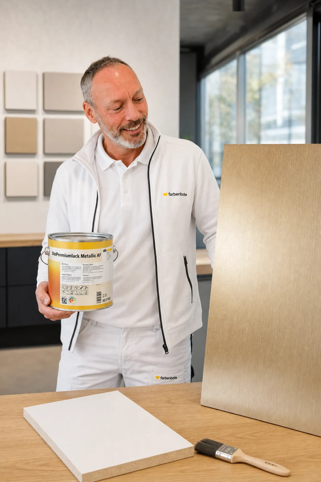Thomas vom Farbenbote-Team mit StoPremiumlack Metallic AF an einem metallic lackierten Stahltor