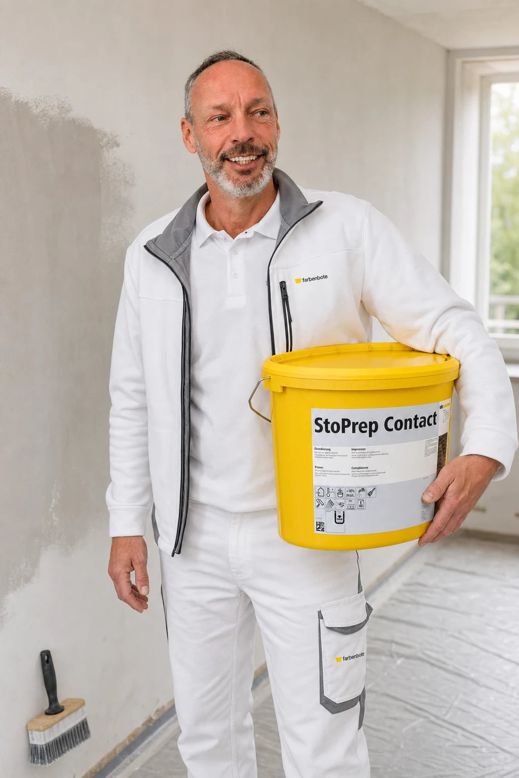 Thomas vom Farbenbote-Team mit StoPrep Contact auf einer glatten Betonwand