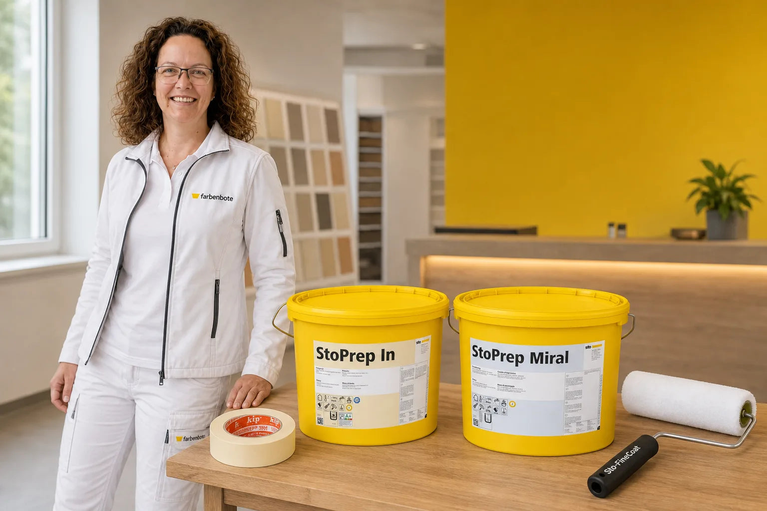 Charleen mit StoPrep In Eimer und Werkzeug im Farbenbote-Showroom