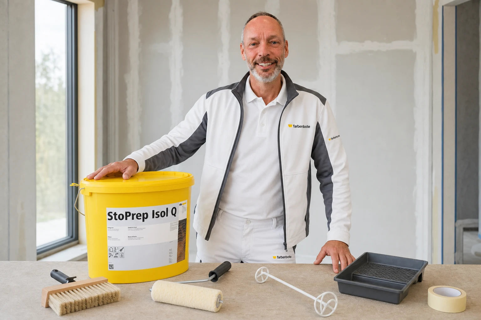 Charleen mit StoPrep Isol Q Eimer und Werkzeug im Farbenbote-Showroom