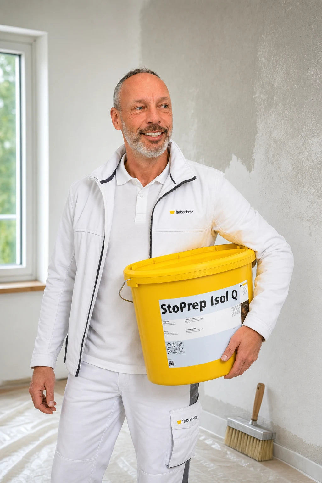 Thomas vom Farbenbote-Team mit StoPrep Isol Q beim Grundieren einer mineralischen Putzfläche