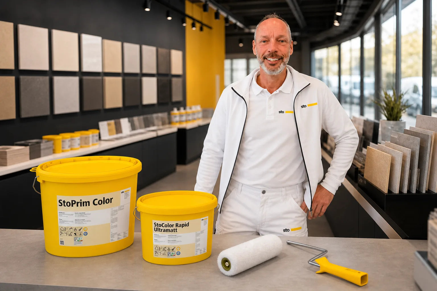 Charleen mit StoPrim Color Eimer und Werkzeug im Farbenbote-Showroom