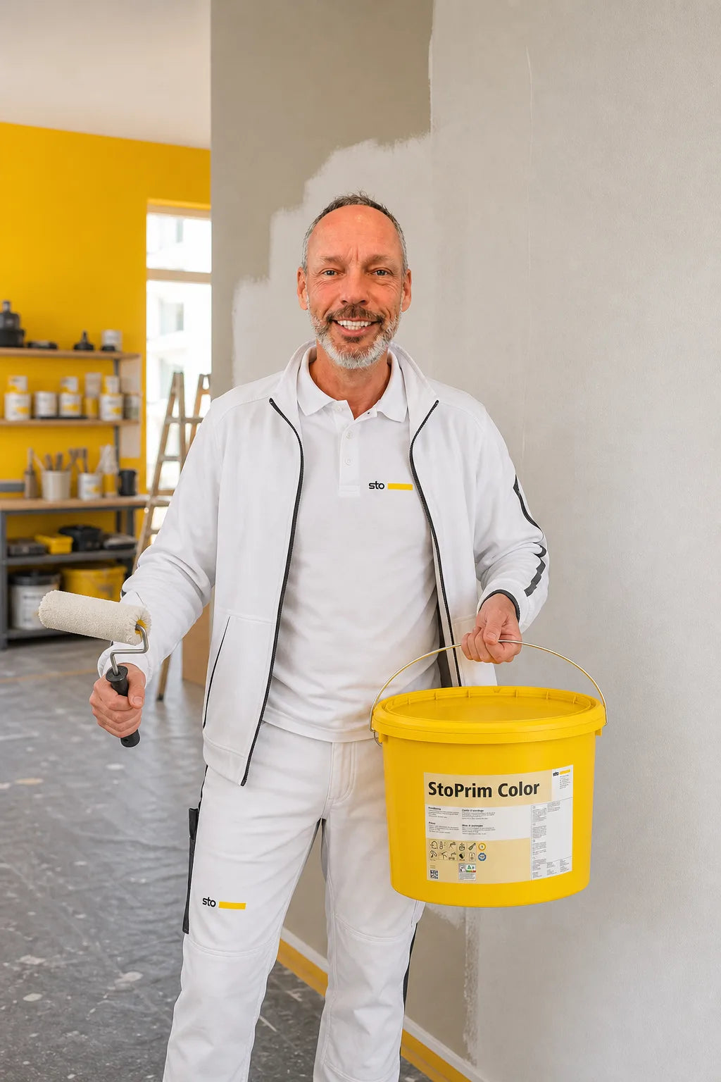 Charleen vom Farbenbote-Team mit StoPrim Color Eimer im Sto-Showroom