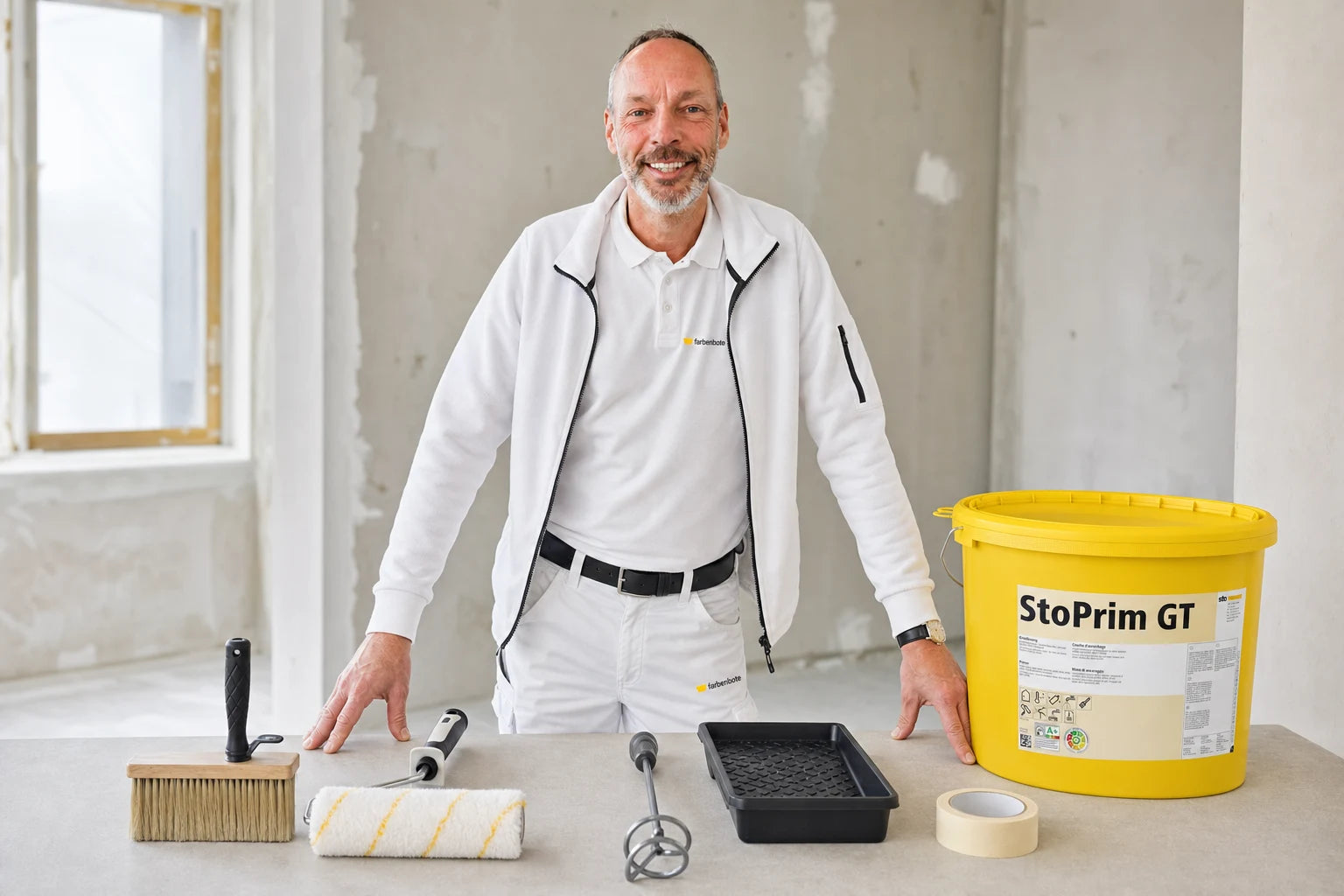 Charleen mit StoPrim GT Eimer und Werkzeug im Farbenbote-Showroom