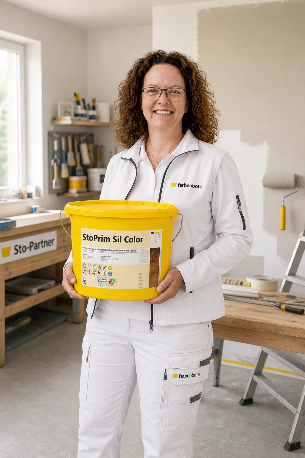 Charleen vom Farbenbote-Team mit StoPrim Sil Color Eimer im Sto-Showroom