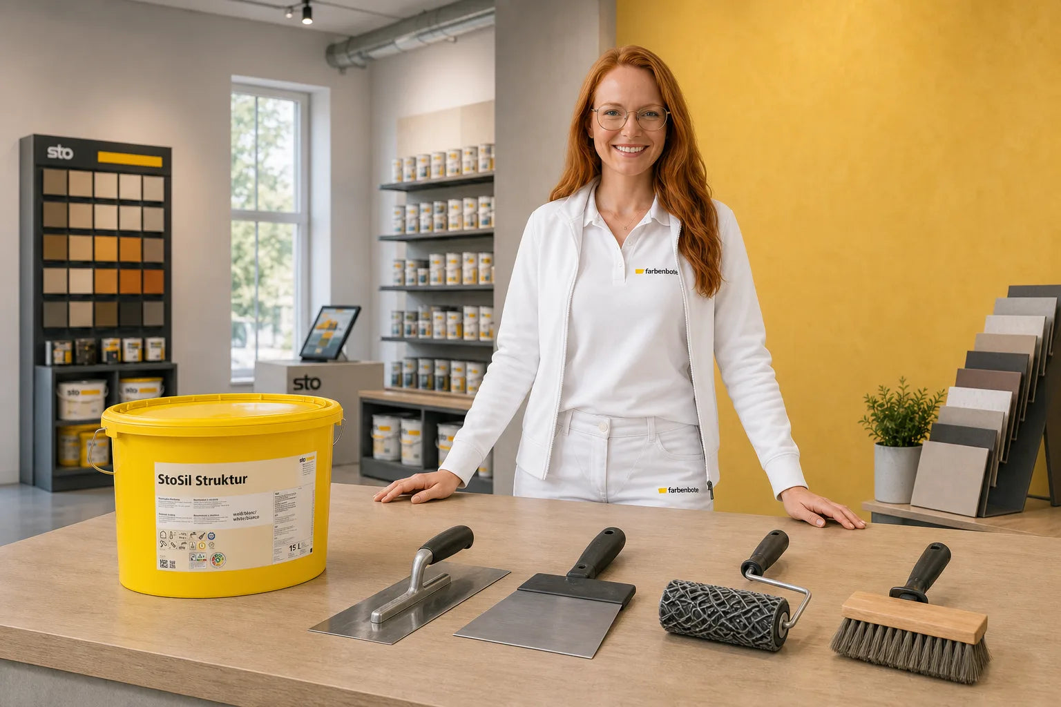 Charleen mit StoSil Struktur Medium Eimer und Werkzeug im Farbenbote-Showroom