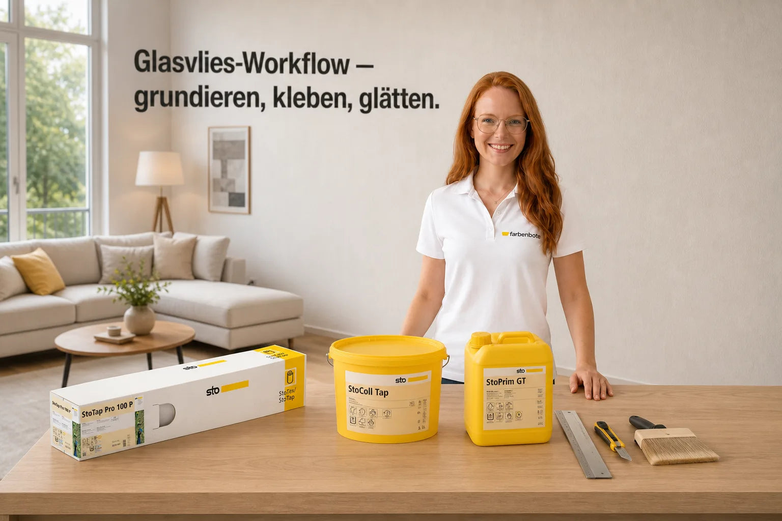 Charleen mit StoTap Pro 100 P Eimer und Werkzeug im Farbenbote-Showroom