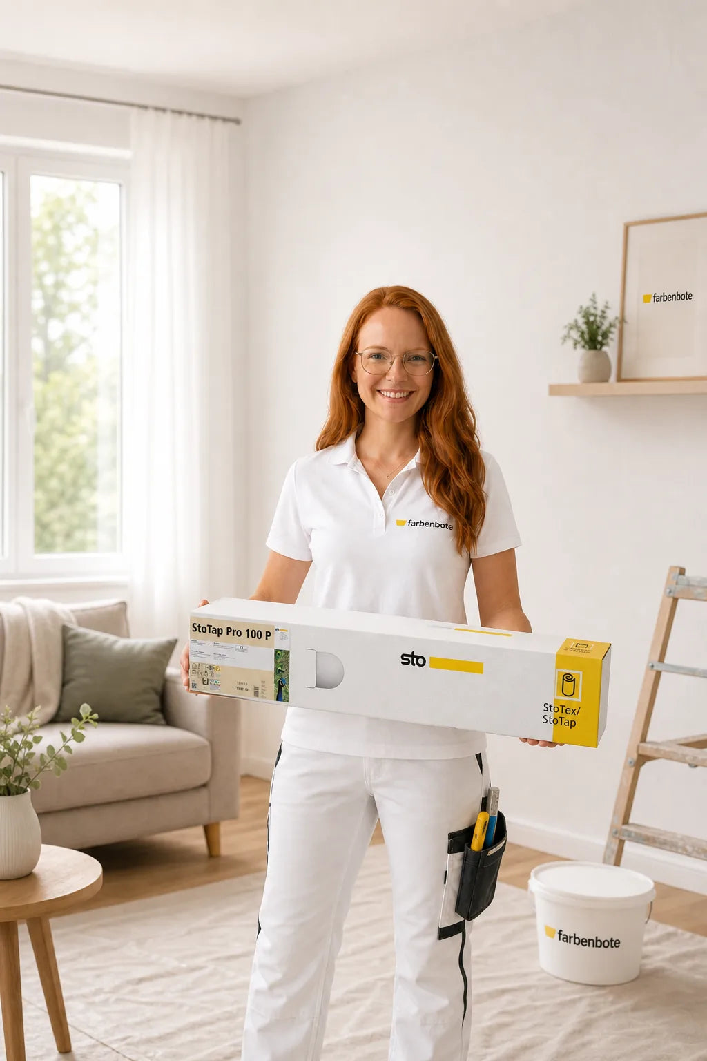 Charleen vom Farbenbote-Team mit StoTap Pro 100 P Karton vor einer fugenarm glatten weißen Wand