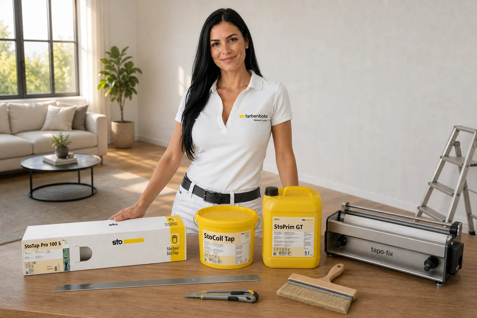 Charleen mit StoTap Pro 100 S Eimer und Werkzeug im Farbenbote-Showroom