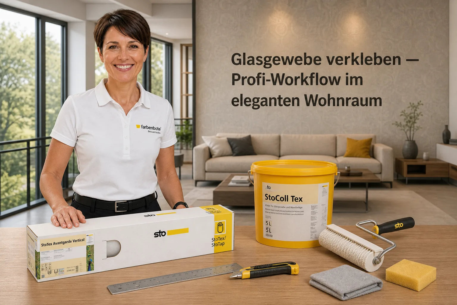Charleen mit StoTex Avantgarde Eimer und Werkzeug im Farbenbote-Showroom