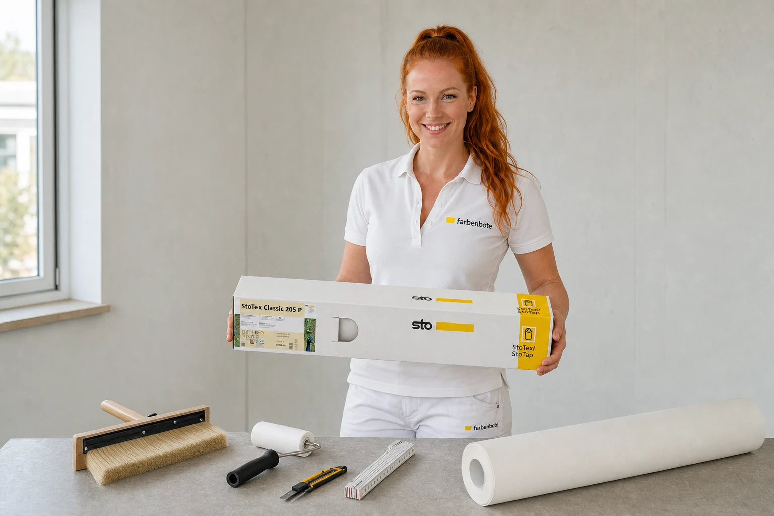Charleen mit StoTex Classic 240 P Doppelfaden Eimer und Werkzeug im Farbenbote-Showroom