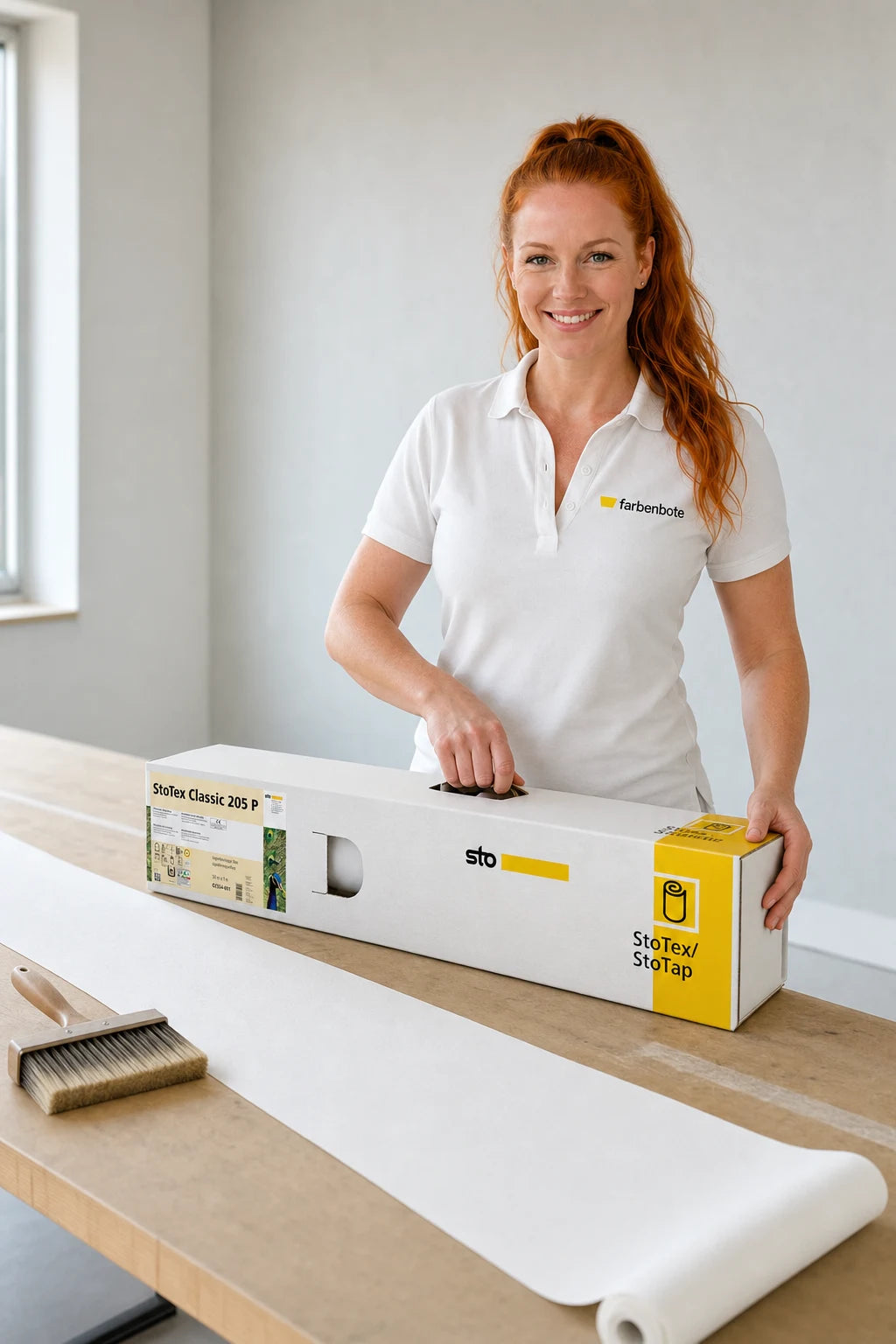 Farbenbote-Mitarbeiter mit StoTex Classic 240 P Doppelfaden beim Bespannen einer frisch grundierten Wand