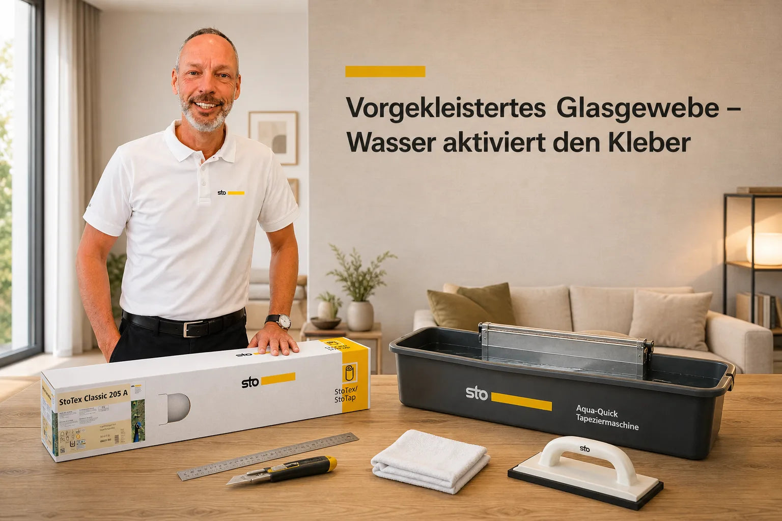 Charleen mit StoTex Classic A Eimer und Werkzeug im Farbenbote-Showroom