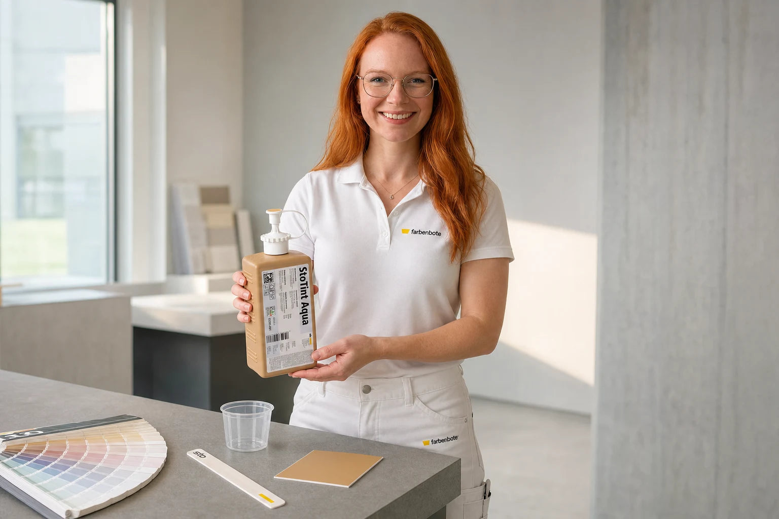 Charleen mit StoTint Aqua Eimer und Werkzeug im Farbenbote-Showroom