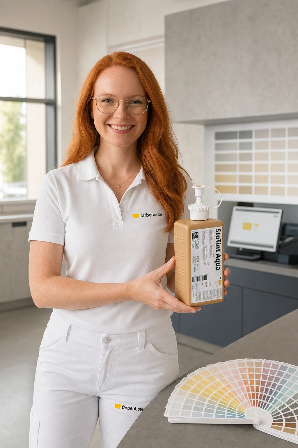 Charleen vom Farbenbote-Team mit StoTint Aqua Abtönpaste-Flasche